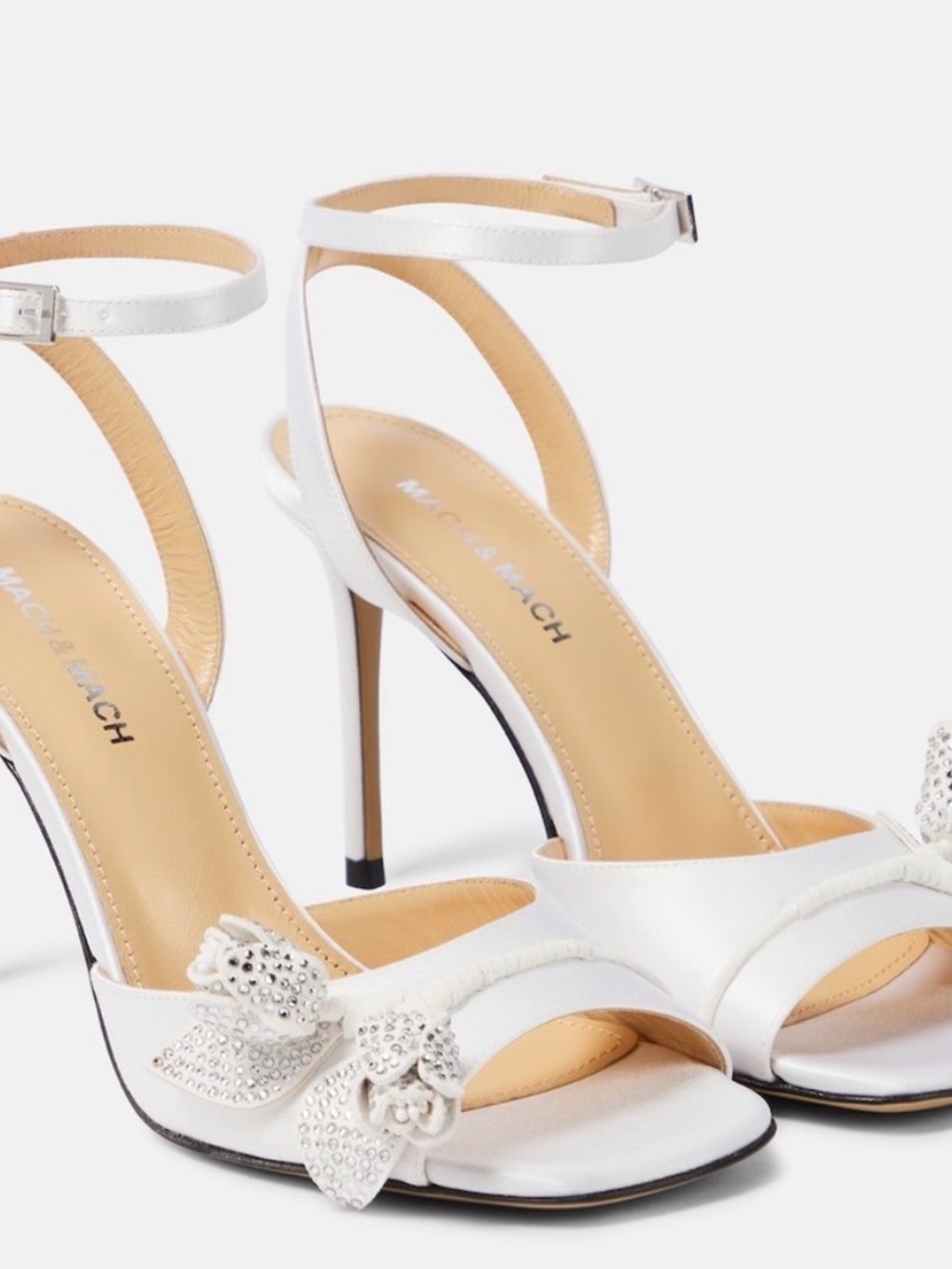 MACH & MACH White Crystal Bow Ankle-Strap Stilettos